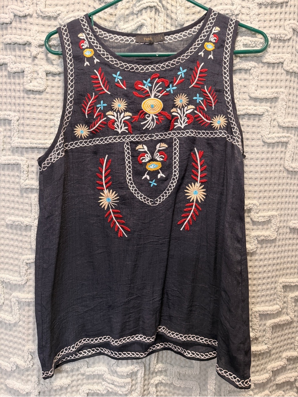 THML Navy Embroidered Sleeveless Tank with Multicolor Floral Detail